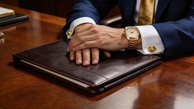 Executive professional resting hands atop luxurious leather portfolio on polished wooden office desk formal navy suit white cuffs golden tie elegant wristwatch refined business style corporate leaders
