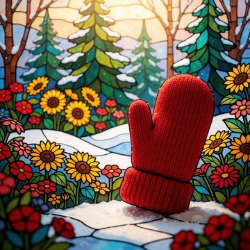 Single red woolen mitten rests in snow surrounded by blooming flowers and evergreens. Stained glass style art shows winter scene with flowers blooming alongside trees and snow.