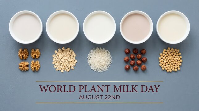 World Plant Milk Day August 22nd flat lay banner with different plant milk bowls and ingredients