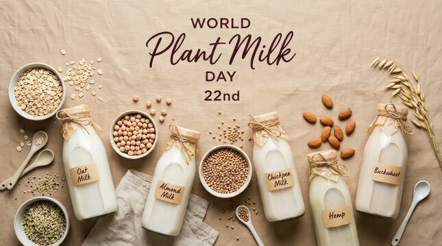 World Plant Milk Day 22nd August banner with various plant based milk bottles and grains