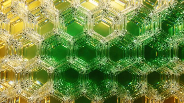 Abstract quantum superposition illustration with crystalline hexagonal structures. Emerald green, golden yellow prismatic light effects create molecular geometry. Transparent glass particles