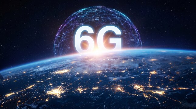 6G network technology concept with digital global communication sphere over Earth at night.