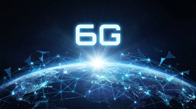 6G network technology concept with glowing digital globe and global connectivity data lines.