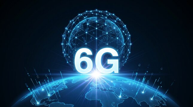 6G technology global network connection with Earth and futuristic data transmission hologram