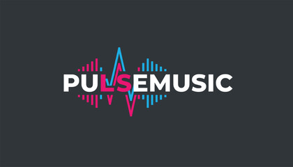 Fototapeta premium Creative pulse music brand logo featuring abstract pink and blue audio sound wave lines on dark grey background.