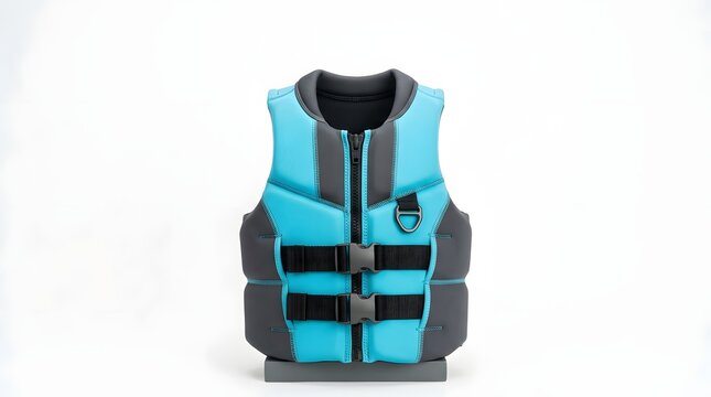 Blue and black life jacket with straps and zipper front