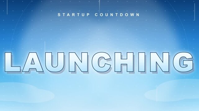 Launching text appears on a bright blue sky background graphic for startup announcements. Animation Video high quality mp4  4k.