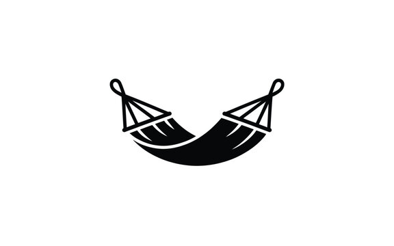 Black and white minimalist hammock vector icon symbol for summer relaxation vacation travel rest leisure lifestyle and outdoor camping concept.