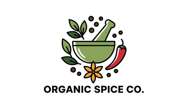 Green mortar and pestle logo with a red chili pepper, star anise, and leaves for Organic Spice Company.