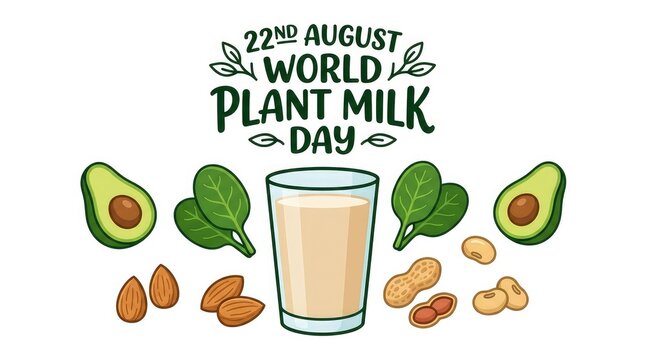22nd August World Plant Milk Day flat vector illustration with glass of plant milk and ingredients