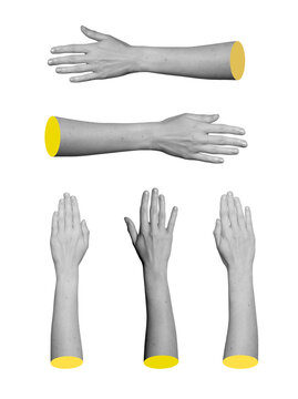 Grayscale set of hands raised vertically with tilted knuckles visible and top view palms. Monochrome