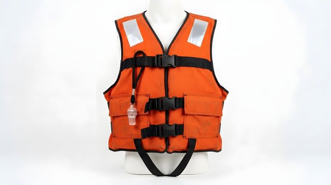 Orange life jacket worn by mannequin on white background