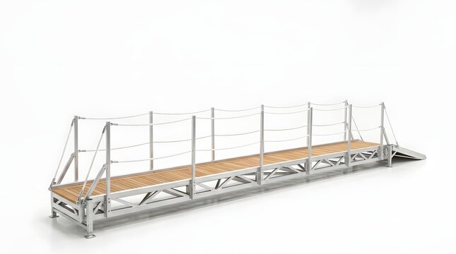 Long Industrial Metal Walkway with Safety Railing and Wood Decking
