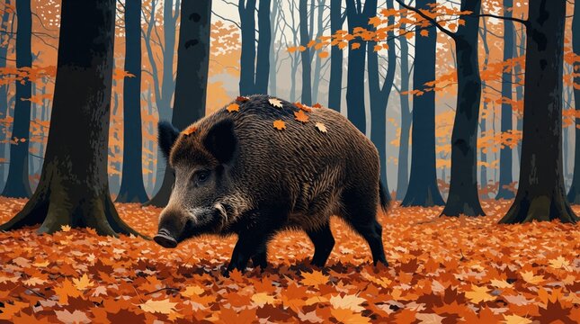 Wild boar walks on path covered with autumn leaves in forest. Dark trees with orange foliage surround animal. Seasonal nature scene depicts fall colors in woodland setting.