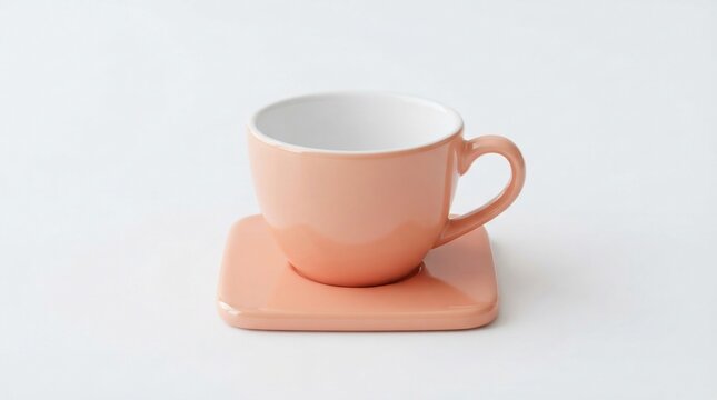 Peach ceramic coffee cup on square saucer, minimalist porcelain tea mug, pastel kitchenware on white background