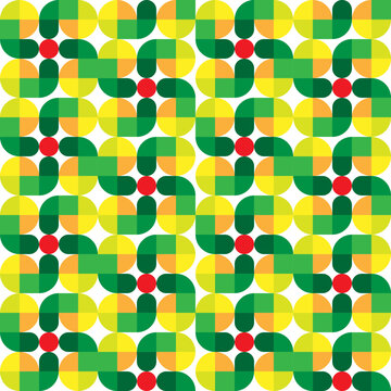 Fresh geometric seamless pattern with interlocking green, yellow, and orange half-circle shapes, creating a dynamic pinwheel effect