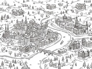 Fototapeta premium Hand Drawn European City Map Illustration with Historic Buildings, River, and Bridge Outline