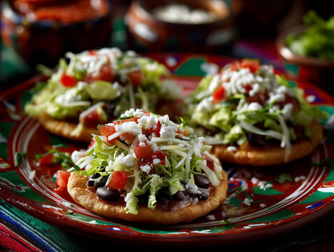 Mexican sopes topped with beans, lettuce, cheese and salsa, festive green white red table decorations, premium commercial photography, no humans