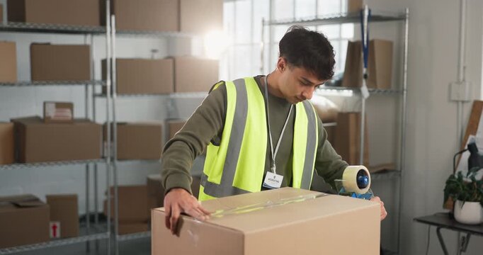 Man, shipping or logistics with tape for box, small business and distribution or supply chain. Flare, happy distributor or supplier with packaging, order or parcel for delivery or courier service