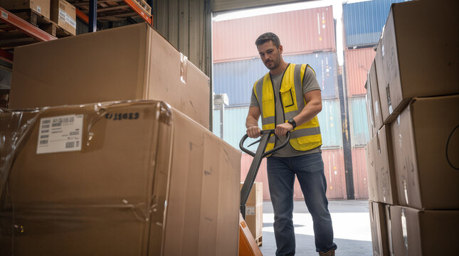 Warehouse worker operating manual pallet jack to move cardboard boxes. Logistics employee transporting goods in shipping container terminal.