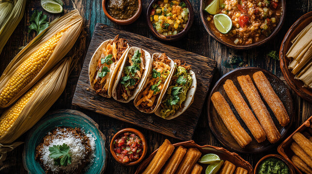 Mexican street food assortment featuring tacos, tamales, elote and churros on rustic wooden table, festive celebration styling, no humans