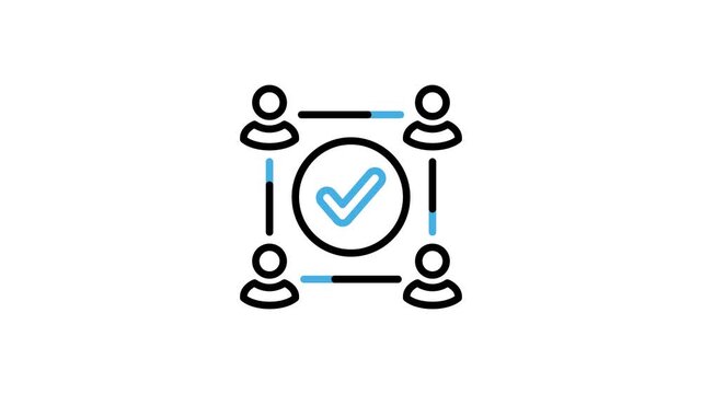 Animation of a successful team icon with check mark symbol for collaboration, coordination, teamwork, network, partnership, strategy management business. Motion graphics with alpha channel