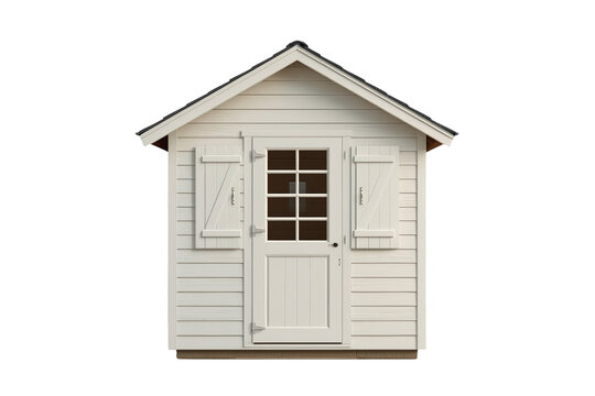 Small white wooden garden shed with front door