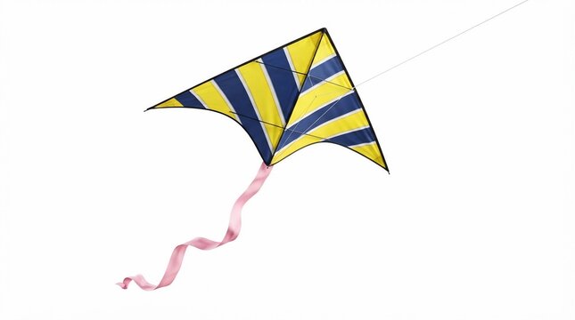 Striped delta kite with yellow and blue patterns, flying toy with pink ribbon tail, outdoor summer recreation kite on white background