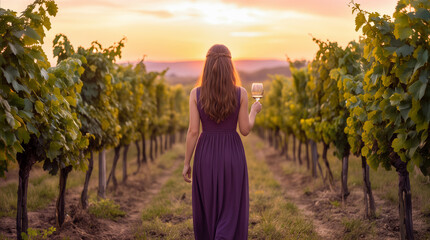 Naklejka premium Vineyard owner walking through grapevines at sunset. Woman holding glass of white wine while inspecting crop during harvest season.