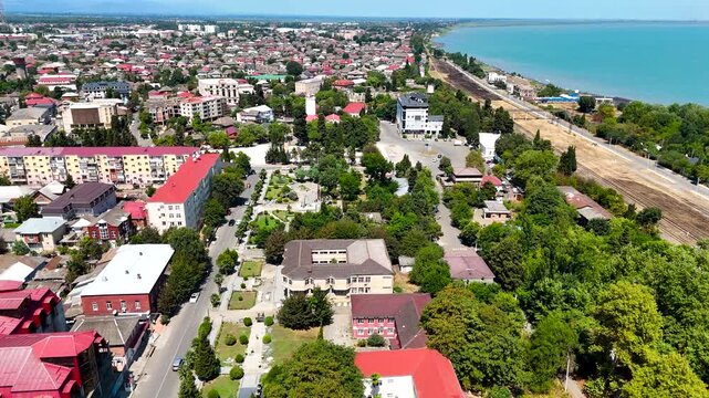 Lankaran Azerbaijan Coastal City Aerial View with Historic Lighthouse, Railway and Caspian Sea 4K