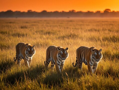 Three tigers walk together through tall golden grass at sunset. Majestic predators with orange and black stripes move across savanna. Warm light illuminates their fur. Wild animals roam free.