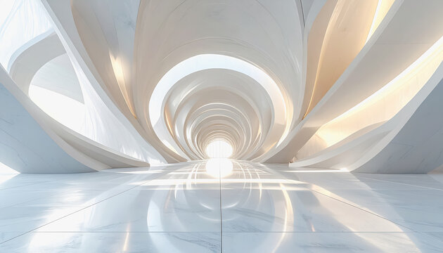 Abstract futuristic architectural interior with flowing white curves and natural light