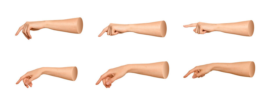 Set of finger pointing, touching and directing gestures with index finger. Collection of screen