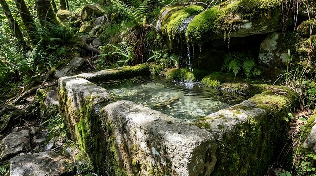 Stone water basin with moss in a forest setting.