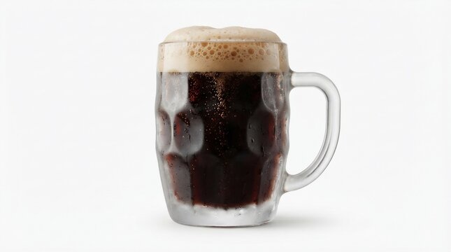 Dark craft beer in glass mug with thick foam head, refreshing stout or porter ale, cold malt beverage on white background