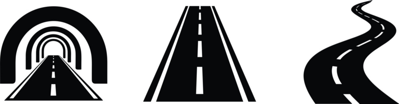 Asphalt road and tunnel silhouette vector icons, straight curved highway path way street symbol set
