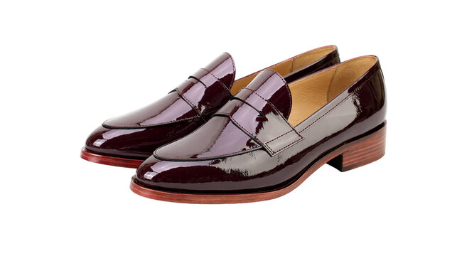 Burgundy patent leather loafers with stacked heel