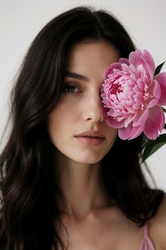 Young woman with dark hair holds large pink flower obscuring one eye. Soft studio light highlights her face and smooth skin, creating a gentle, natural beauty portrait.