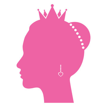 Illustration of a silhouette of a woman's head with a crown and earrings on a white background