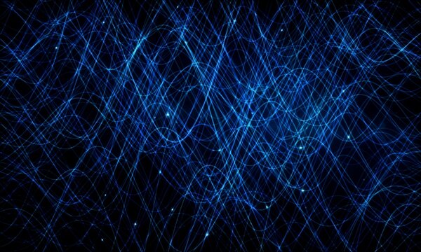 Abstract blue light trails on black background, glowing fiber optic network lines, futuristic digital data connection pattern
