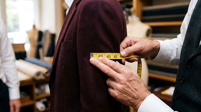 Tailoring and fitting a custom suit jacket measured precisely by a professional for a perfect fit in a bespoke tailoring shop