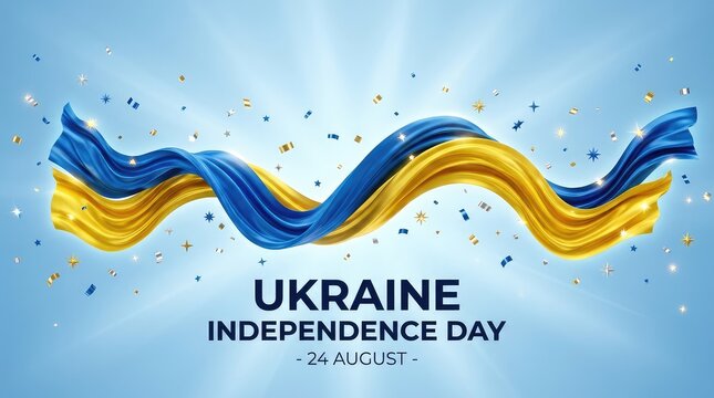 Ukraine Independence Day 24 August banner with flowing blue and yellow silk ribbon and confetti