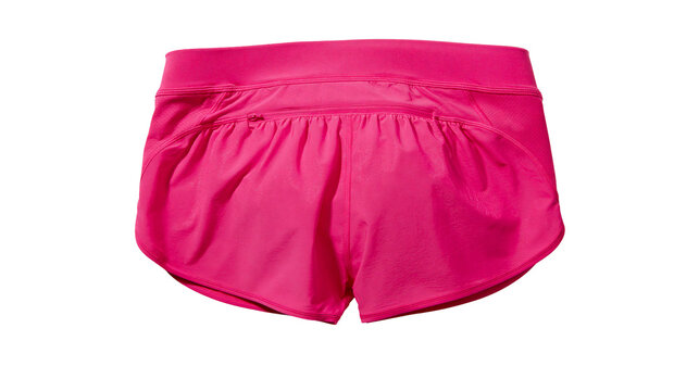 Pink running shorts with elastic waistband and zippered pocket