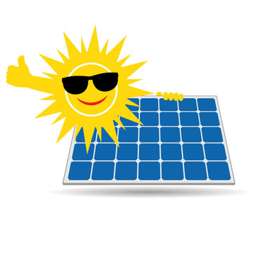 Illustration of solar panel with sun and sunglasses on white background.