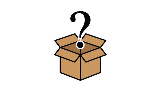 Mystery cardboard box icon with large question mark representing surprise package, secret delivery, or lost item.