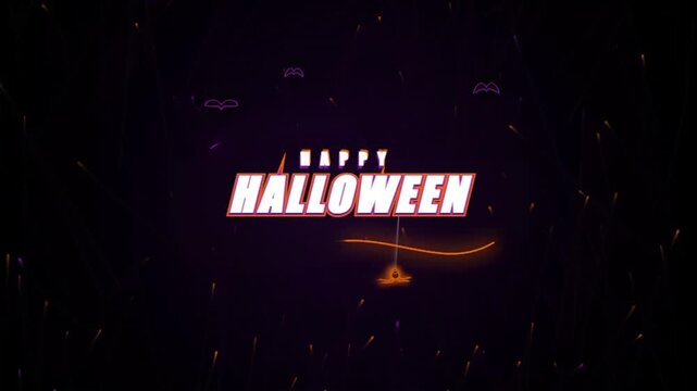 Happy Halloween neon text animation with light sweep, flying bat, witch and falling sparks on dark background.