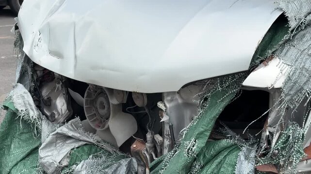 A close up view of a badly dented hood and smashed front end of a damaged white car parked on an asphalt street, car insurance assessment, automotive repair industry, road accident documentation.