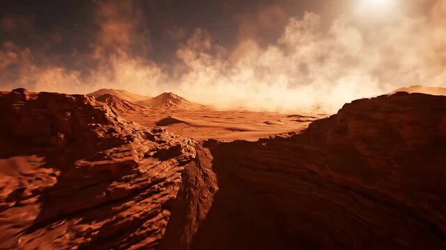 Red Desert Landscape Background with Rocky Mountains. Wide Website Banner for Science Fiction and Exploration. Copy Space