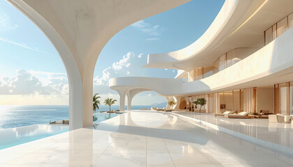 Fototapeta premium Luxurious modern villa with infinity pool overlooking the ocean on a sunny day
