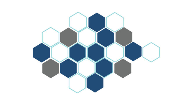 Geometric seamless molecular pattern featuring dark blue, gray, and white hexagon cells linked together.